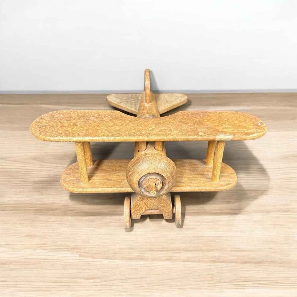 Handmade Wooden Bi-Plane Airplane Hardwood‎ Medium Stain Vintage